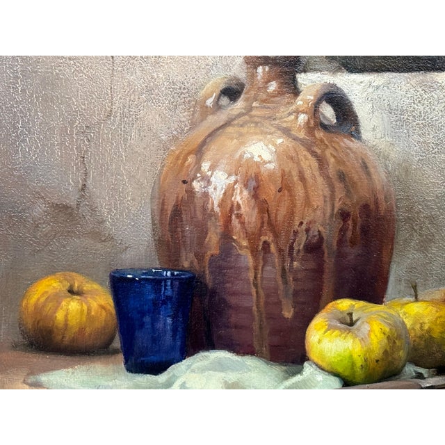 Still Life with Fruit & Bread Rustic French Farmhouse Interior by French Artist 1992 Circa For Sale - Image 6 of 18