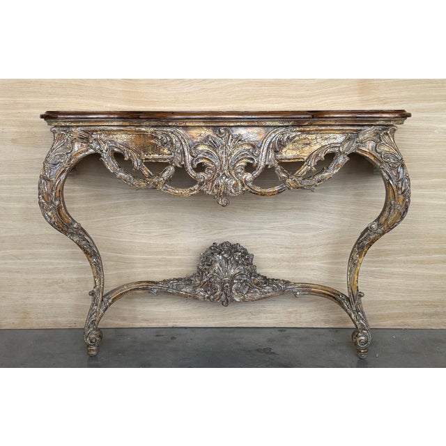 Late 19th Century French Louis XIV Style Carved Painted Wall Mounted Console Table with wood top For Sale - Image 16 of 18
