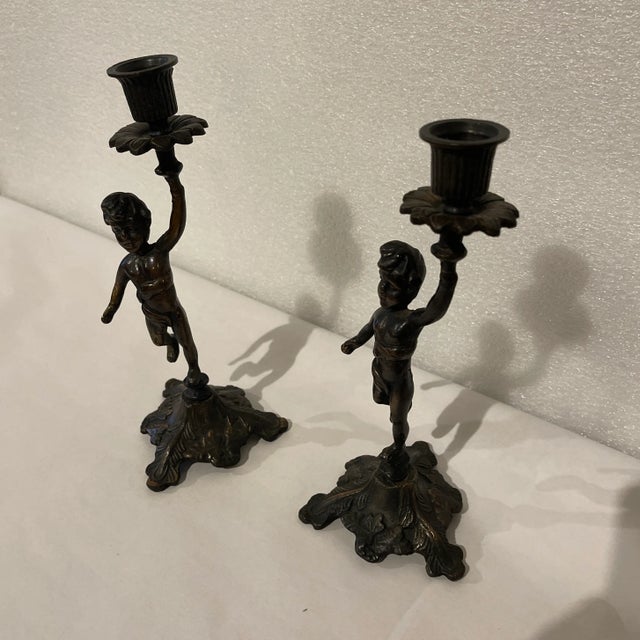 Austrian Bronze Cherub Candlesticks - A Pair For Sale - Image 4 of 7