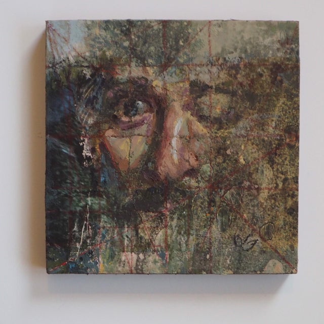 This artwork presents a close-up view of a face, partially obscured by a textured surface that suggests layers of depth...