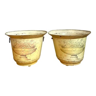 Vintage Distressed French Toile Metal Cache Pot - A Pair For Sale