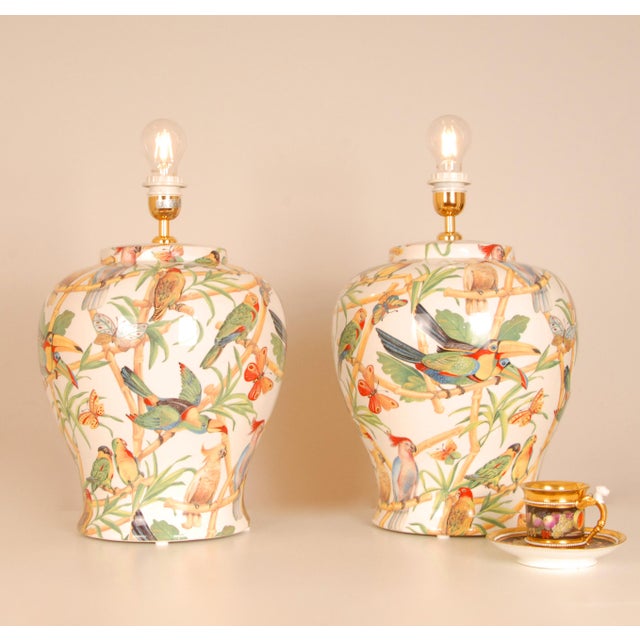 Vintage Italian Table Lamps Ceramic Parrots Birds Green Cream Tall Porcelain Vase Lamps Tariff Free - A Pair For Sale - Image 6 of 12
