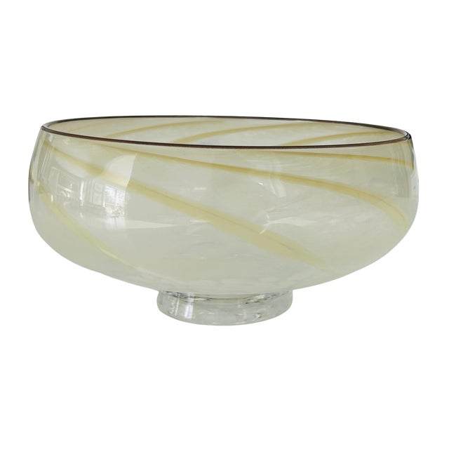 Vintage Hand-Blown Studio Art Glass Compote Bowl with Caramel Ribbon Swirl | Mid-Century Murano-Style Glass This striking...