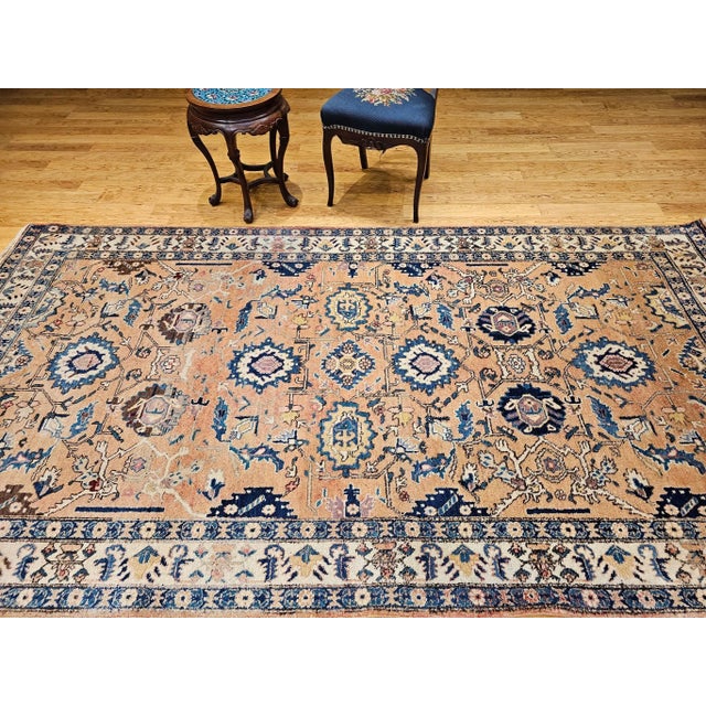 Early 20th Century Persian Malayer Gallery Rug, Handwoven All-Over Geometric Pattern, Tan & Blue, 5’ X 10’ For Sale - Image 10 of 12