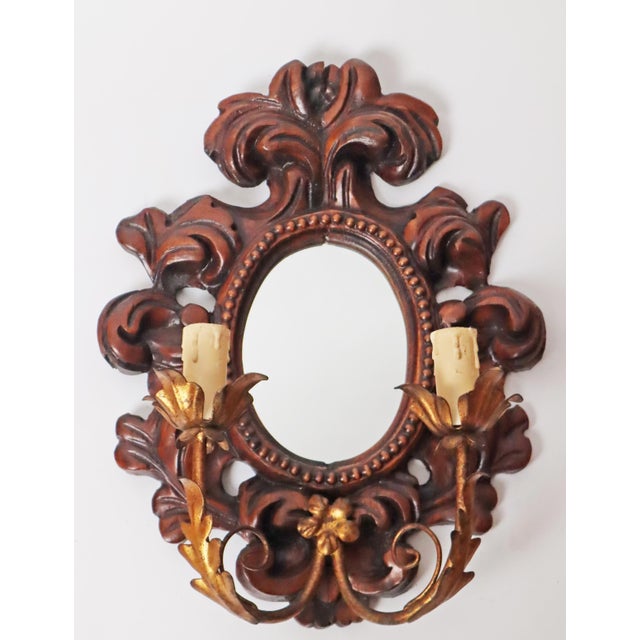 Wood Baroque Style Hand-Carved Gold Leaf Wall Lamp with Mirror, 1960s For Sale - Image 7 of 11