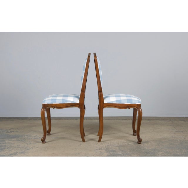 19th Century French Louis XV Style Walnut Dining Chairs in Light Blue Plaid - Set of 8 For Sale - Image 9 of 12