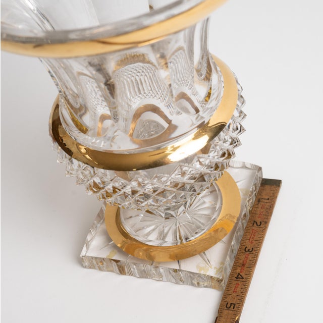 Glass Vintage Cut Crystal Urn Vase With Gold Rim Trim, Footed Pedestal Base For Sale - Image 7 of 7
