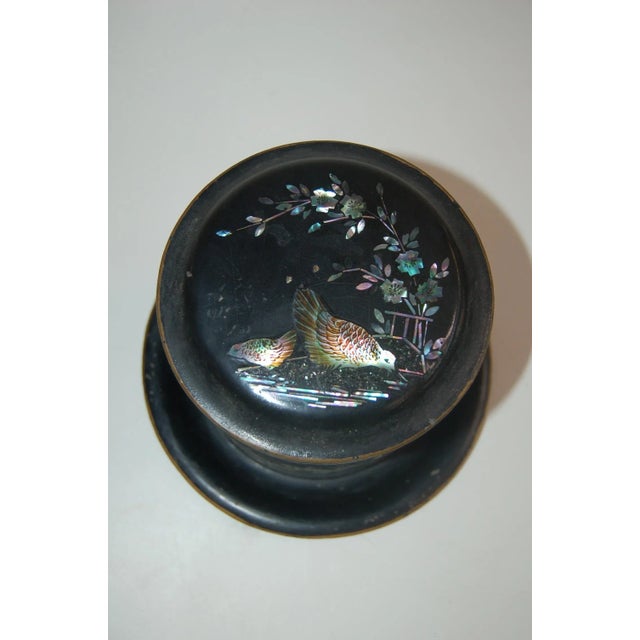 Vintage Japanese Black Tin With Aboloni Accents Round Tea Caddie/Canister Hinged Top And Removable Inner Piece In Chicken...