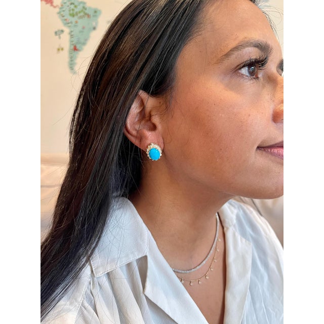 8 Ct Oval Sleeping Beauty Turquoise 1.5ct Diamond Stud Earrings 14 K Yellow Gold For Sale - Image 4 of 18