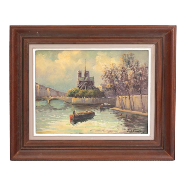 French Oil on Canvas, Paris, Notre Dame For Sale