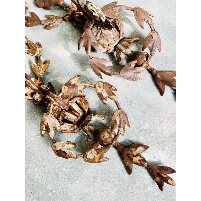 Late 20th Century Vintage French Provincial Iron Botanical Candle Sconces Light With Chippy Paint Finish- A Pair For Sale - Image 4 of 12