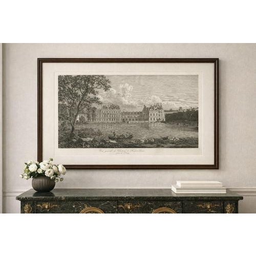 Antique View of Château de Fontainebleau, Napoleon Era Landscape Engraving, 1803 A panoramic view of Fontainebleau,...