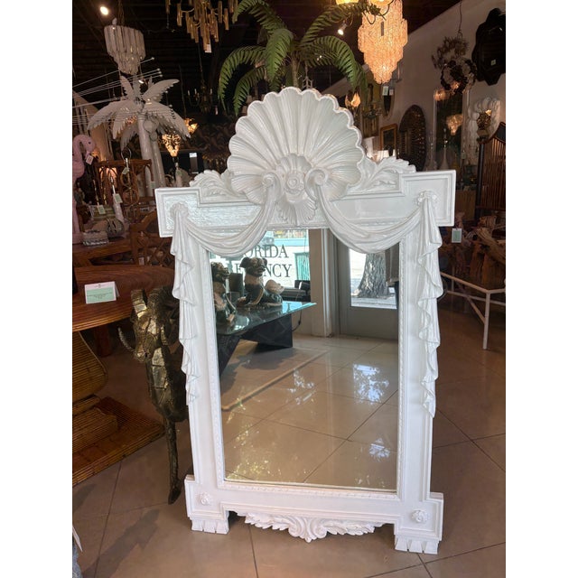 Lovely vintage shell scalloped seashell Palm Beach wall mirror. Lacquered white gloss. At time of this listing, pair...