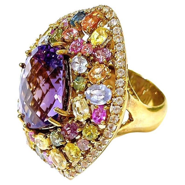 Bochic “Orient” Vintage Amethyst & Fancy Multi Sapphire Large Cocktail Ring 18K Gold & Silver Natural Purple Amethyst - 9...
