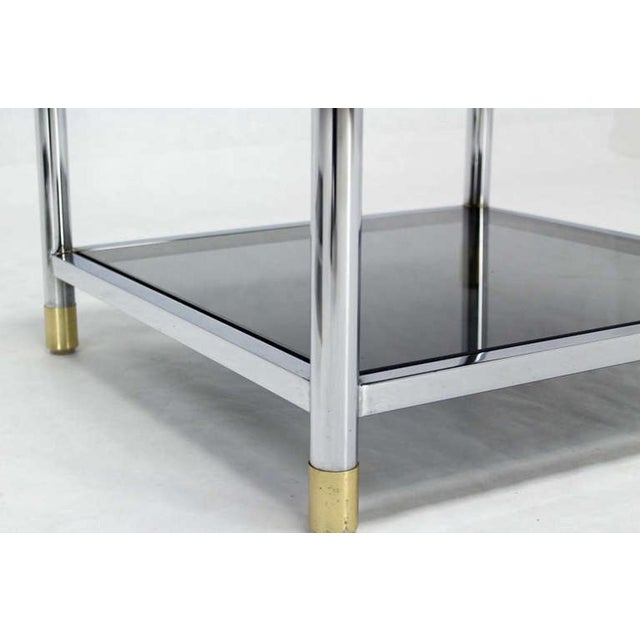 Milo Baughman Pair Square Chrome & Brass Smoked Glass Shelf Mirrored Top End Side Tables MINT! For Sale - Image 4 of 9