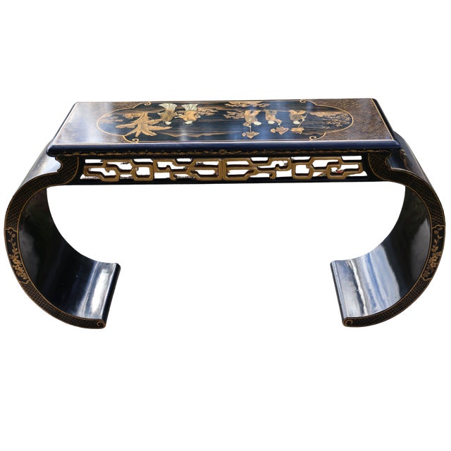 Late 20th Century Black Lacquer Chinoiserie Console Table With Gold Figural Decoration & Scroll Supports For Sale - Image 13 of 18