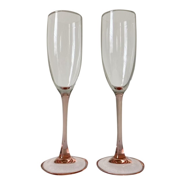 Vintage Crystal Glass Pink Stem Champagne Drinks Flutes - Set of 2 For Sale