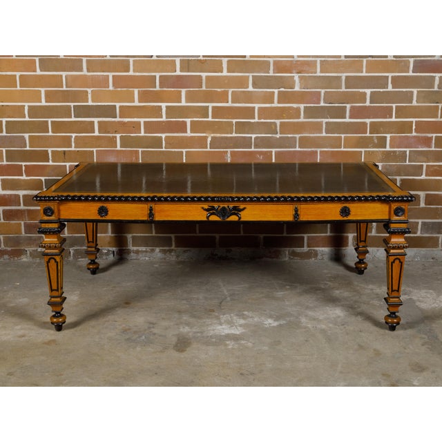English English 19th Century Oak Desk with Ebonized Accents and Gilded Greek Key Frieze For Sale - Image 3 of 10