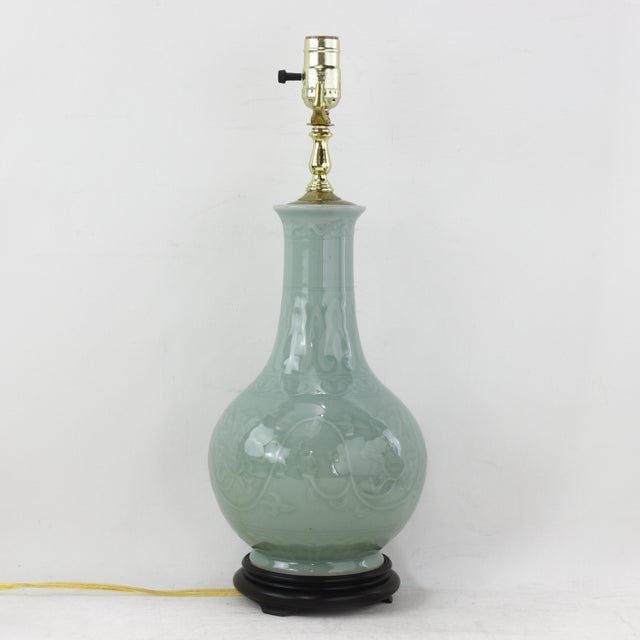 Late 20th Century Pair of Vintage Celadon Green Porcelain Table Lamps Incised Floral Motif With Rosewood Bases For Sale - Image 5 of 16