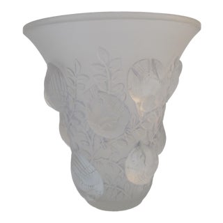 R Lalique France C1930 St Francois Birds Clear Frosted Art Glass Trumpet Vase For Sale