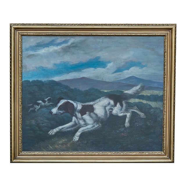 English 18th Century Oil on Canvas Hunting Dog Painting in Carved Giltwood Frame For Sale