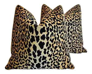 26" Custom Tailored Leopard Spot Safari Velvet Feather/Down Pillows - Pair
