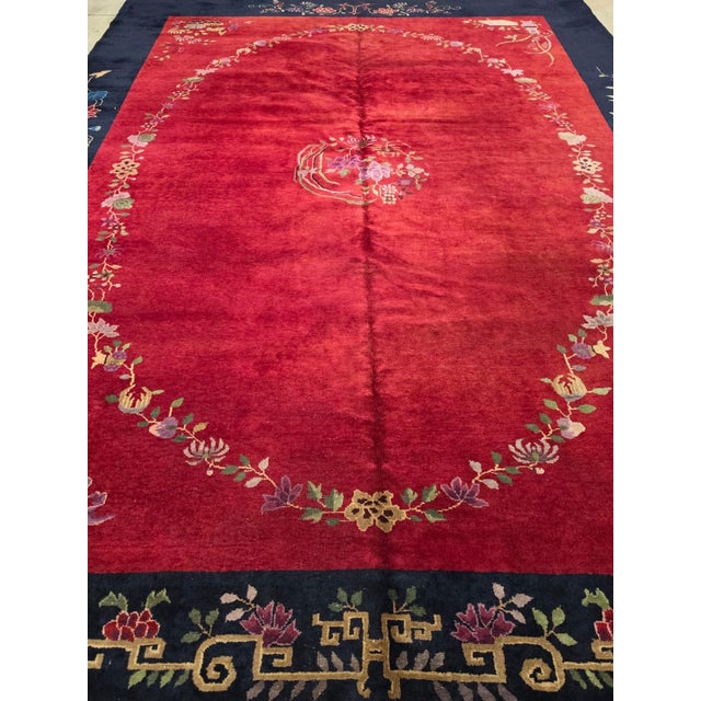 Textile Antique Chinese Art Deco Red and Navy Blue Floral Wool Rug For Sale - Image 7 of 7