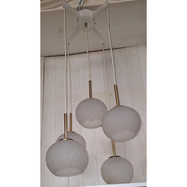 Goldenrod Vintage Five-Light Cascade Lamp with White Plastic Frame and Frosted Glass Shades, 1970s For Sale - Image 8 of 9