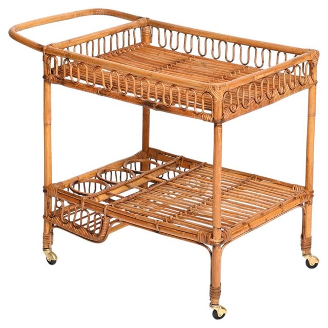 Vintage Italian Rattan and Wicker Serving Bar Cart by Franco Albini, Italy, 1960s For Sale - Image 15 of 15