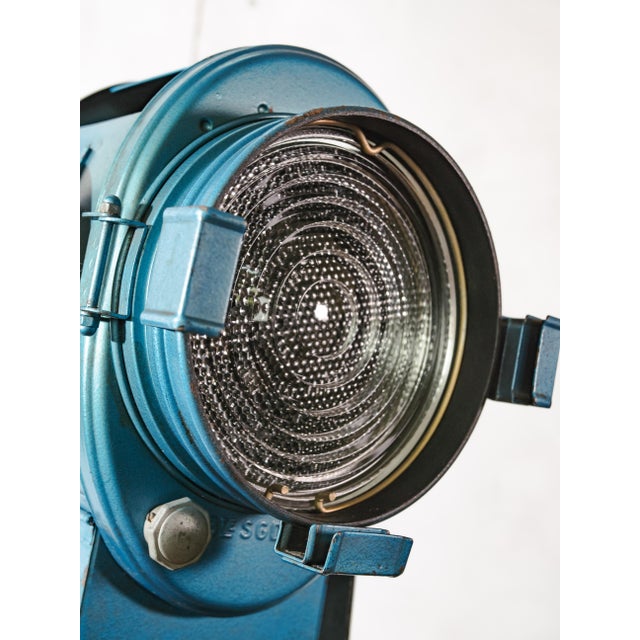 Blue Fresnel Theater Spotlight Floor Lamp on Matching Steel Tripod from A.E. Cremer, Paris, 1950s For Sale - Image 13 of 18