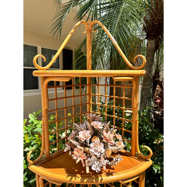Chinoiserie Restored Vintage, Midcentury, Rattan-Bamboo Corner E’tagere Shelving. Styled in the Manner of French Designer Vivai Del Sud. For Sale - Image 3 of 7