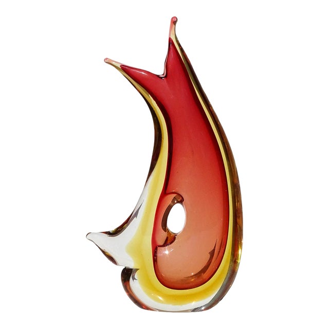 Vintage Murano Abstract Sommerso Red Yellow Orange Italian Midcentury Art Glass Flower Vase For Sale