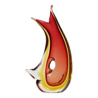 Vintage Murano Abstract Sommerso Yellow Red Orange Italian Midcentury Art Glass Flower Vase For Sale