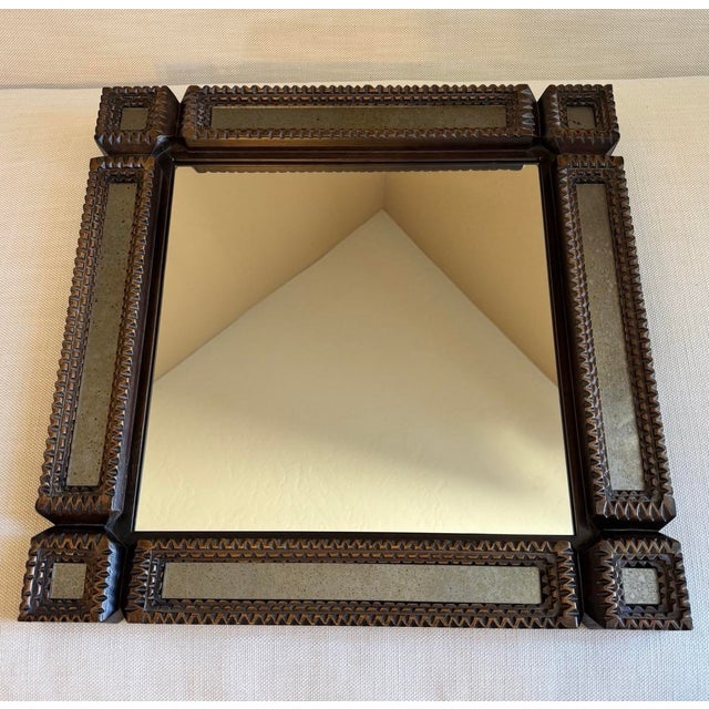 Currey & Company Tramp Art Handcrafted Wood Square Mirror Antiqued Border For Sale In Phoenix - Image 6 of 12