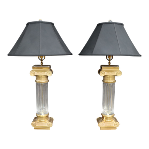 Neoclassical Style Pair of Design Guild Brass & Glass Column Lamps