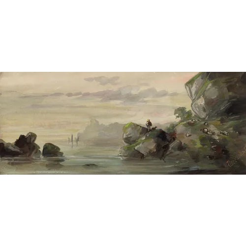 Alexandre Dupendant, Vision of Peace, Figure on Coast, 1870s, Gouache For Sale