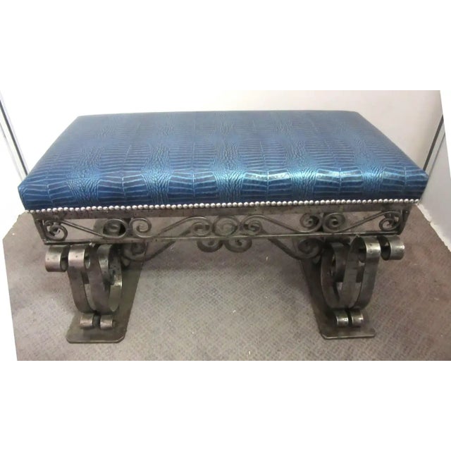 1930s French Art Deco Iron Bench With Faux Alligator Metallic Cobalt Blue Leather Upholstery For Sale In Philadelphia - Image 6 of 6