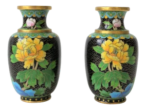 Black and Yellow Asian Cloisonné and Brass Vases - a Pair