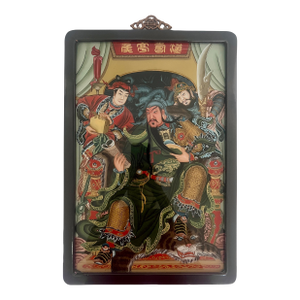 Chinese Reverse Painting on Glass, General Guan Yu and Retainers, Mid Century, Rosewood Frame