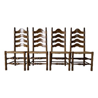 Vintage French Country Style Tall Ladder Back Rush Seat Dining Chairs – Set of 4 For Sale