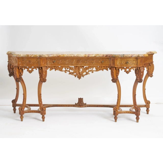 Antique English Hand-Carved Oak Wood Marble Top Continental Console Table For Sale - Image 12 of 12