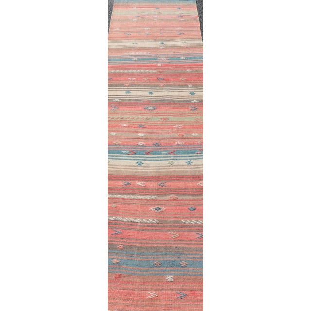Mid 20th Century Coral Blue and Beige Striped Vintage Turkish Kilim Handwoven Wool Runner For Sale - Image 5 of 12