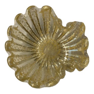 Midcentury Italian Murano Champagne Art Glass Clamshell Dish With Gold Flecks For Sale