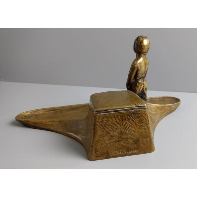 Art Nouveau Peter Tereszczuk "Art Nouveau" Gilt Bronze Dutch Boy Figure Inkwell Stand For Sale - Image 3 of 4