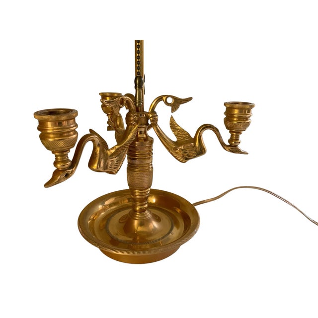 Traditional Vintage Wildwood French Empire Candlestick Bouillotte Bronze Table Lamp Triple Swans 25.5" Made in 1980s For Sale - Image 3 of 10