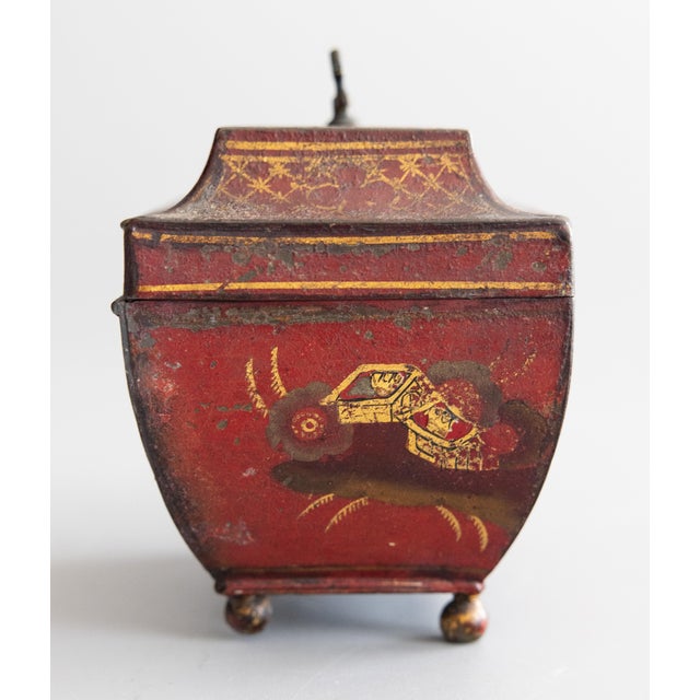 Early 19th Century 19th Century French Empire Chinoiserie Red Tole Tea Caddy Sarcophagus Box For Sale - Image 5 of 12