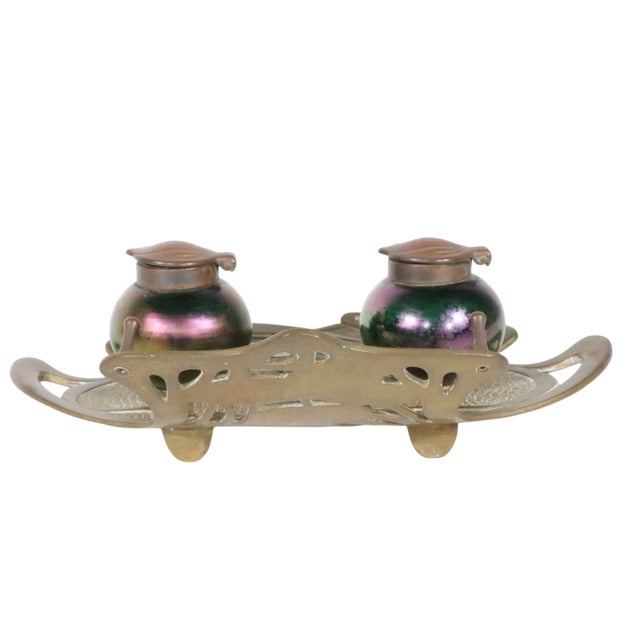 Brass Art Nouveau Vienesse Geschutzt Ink Well C 1900's For Sale - Image 8 of 17