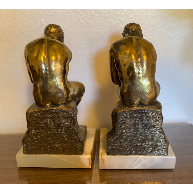 Early 20th Century “The Thinker” Brass Bookends With Marble Base After ...