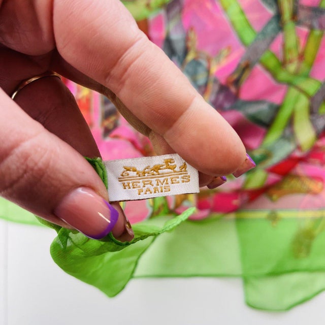 French Hermes Green Printed 100% Silk Scarf For Sale - Image 3 of 10