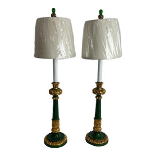 Vintage Italian Hand Carved Goldleaf Wood Candle Stick Lamps With Shades/Finials - a Pair For Sale